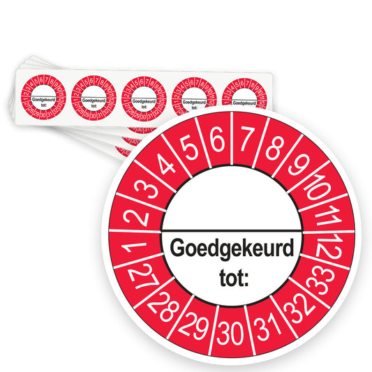Keuringsstickers Goedgekeurd tot (met scheidingsstreep) 2027 | 50 stuks, Ø 35 mm | Buiten Rood - strook van 5 stickers