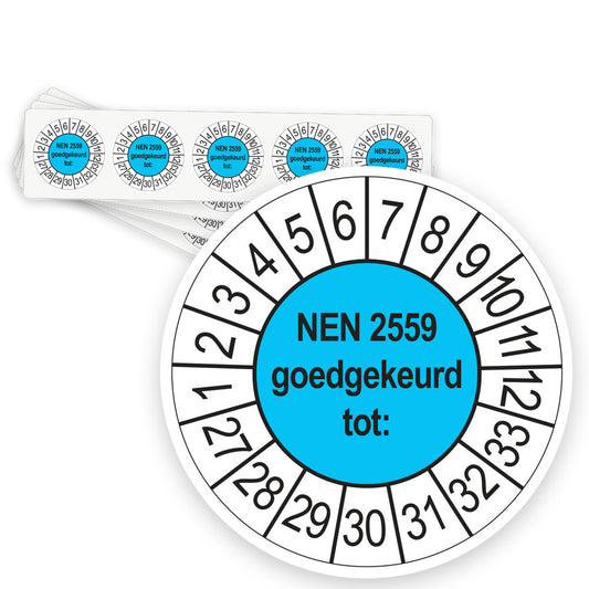 Keuringsstickers NEN 2559 Goedgekeurd tot 2027 | 50 stuks, Ø 35 mm | Blauw - strook van 5 stickers