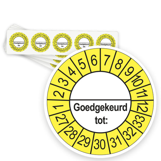 Keuringsstickers Goedgekeurd tot (met scheidingsstreep) 2027 | 50 stuks, Ø 35 mm | Buiten Geel - strook van 5 stickers