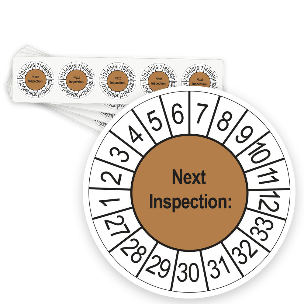 Keuringsstickers Next Inspection 2027 | 50 stuks, Ø 35 mm | Bruin - strook van 5 stickers