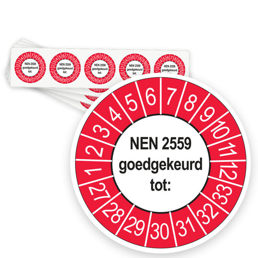 Keuringsstickers NEN 2559 Goedgekeurd tot 2027 | 50 stuks, Ø 35 mm | Buiten Rood - strook van 5 stickers