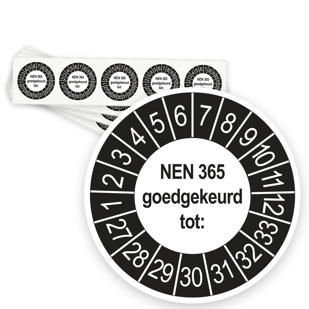 Keuringsstickers NEN 365 Goedgekeurd tot 2027 | 50 stuks, Ø 35 mm | Buiten Zwart - strook van 5 stickers