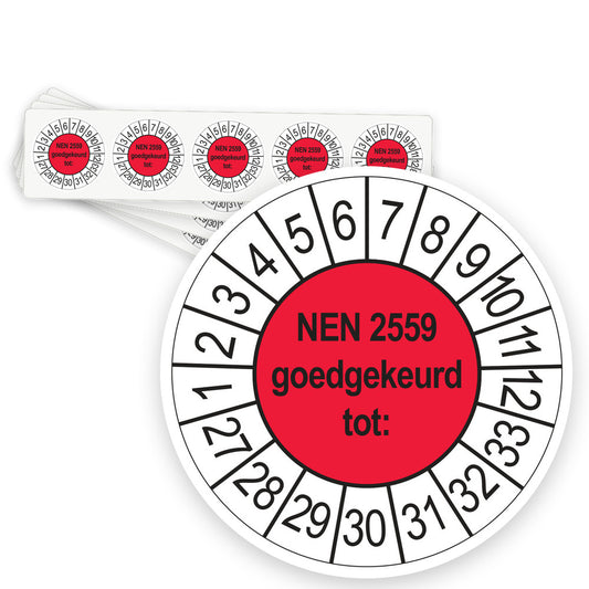Keuringsstickers NEN 2559 Goedgekeurd tot 2027 | 50 stuks, Ø 35 mm | Rood - strook van 5 stickers