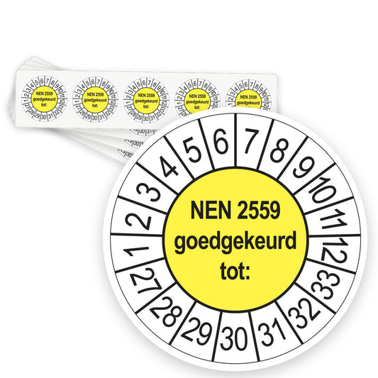 Keuringsstickers NEN 2559 Goedgekeurd tot 2027 | 50 stuks, Ø 35 mm | Geel - strook van 5 stickers