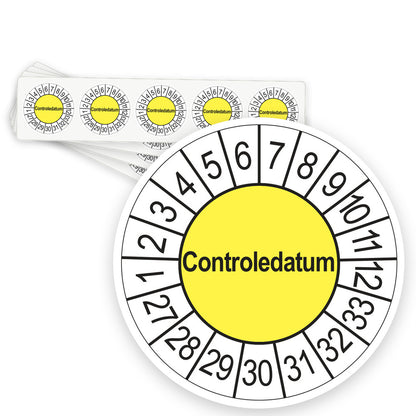 Keuringsstickers Controledatum 2027 | 50 stuks, Ø 35 mm | Geel - strook van 5 stickers