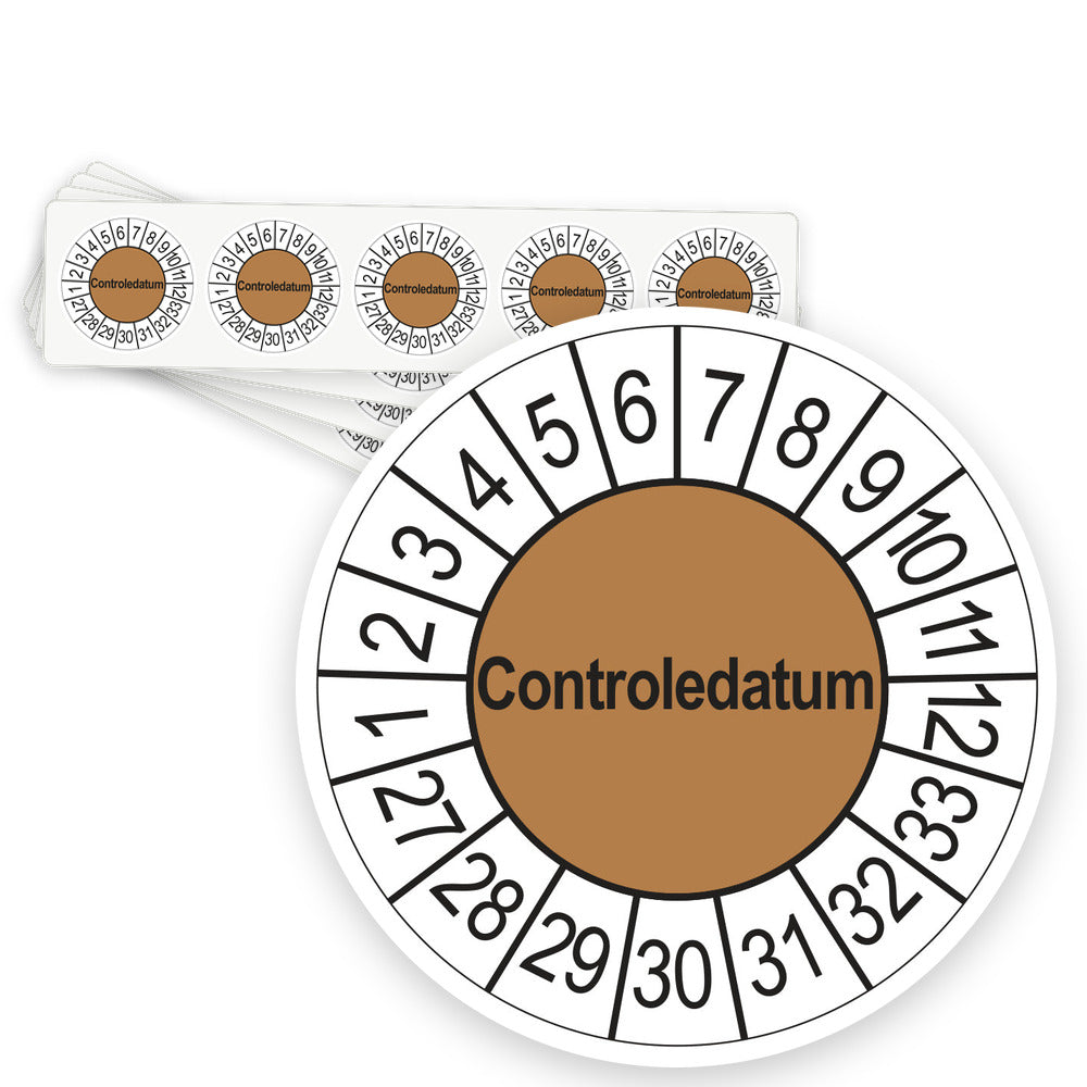 Keuringsstickers Controledatum 2027 | 50 stuks, Ø 35 mm | Bruin - strook van 5 stickers
