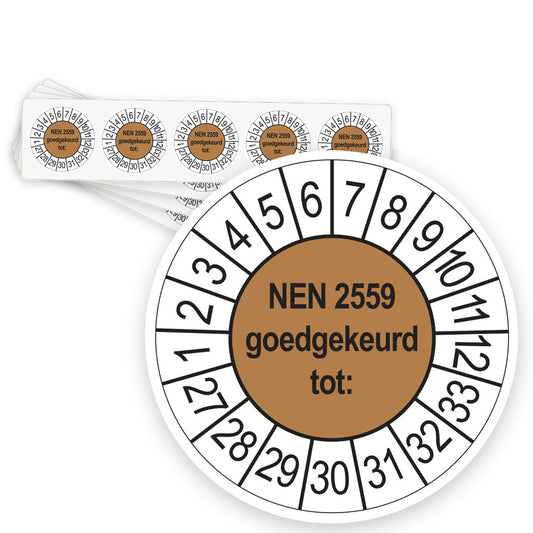 Keuringsstickers NEN 2559 Goedgekeurd tot 2027 | 50 stuks, Ø 35 mm | Bruin - strook van 5 stickers