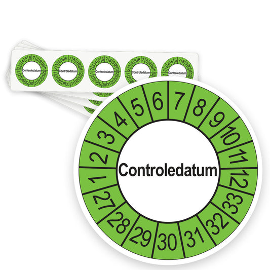 Keuringsstickers Controledatum 2027 | 50 stuks, Ø 35 mm | Buiten Groen - strook van 5 stickers