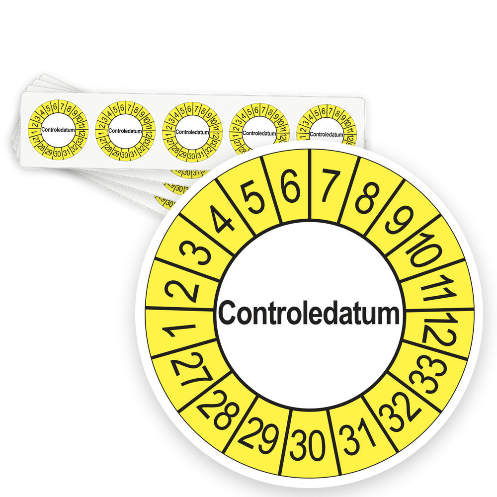Keuringsstickers Controledatum 2027 | 50 stuks, Ø 35 mm | Buiten Geel - strook van 5 stickers