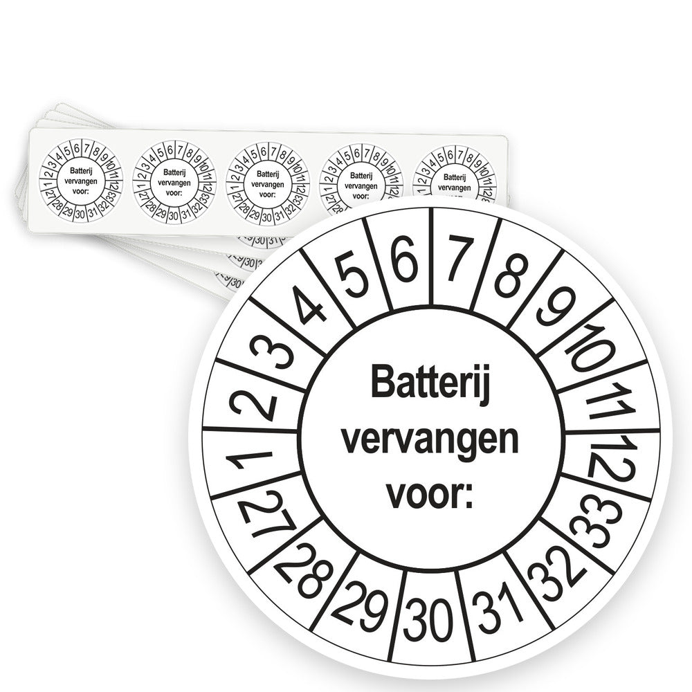 Keuringsstickers Batterij Vervangen 2027 | 50 stuks, Ø 35 mm | Wit - strook van 5 stickers