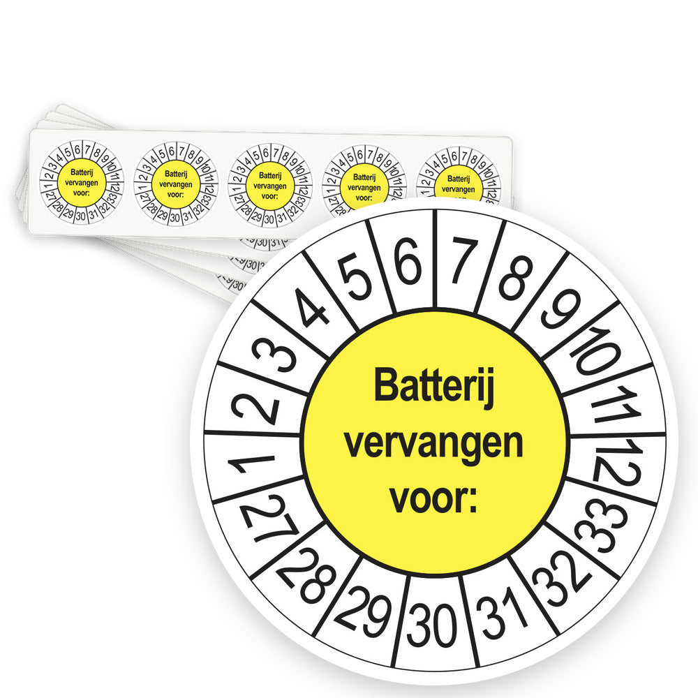 Keuringsstickers Batterij Vervangen 2027 | 50 stuks, Ø 35 mm | Geel - strook van 5 stickers