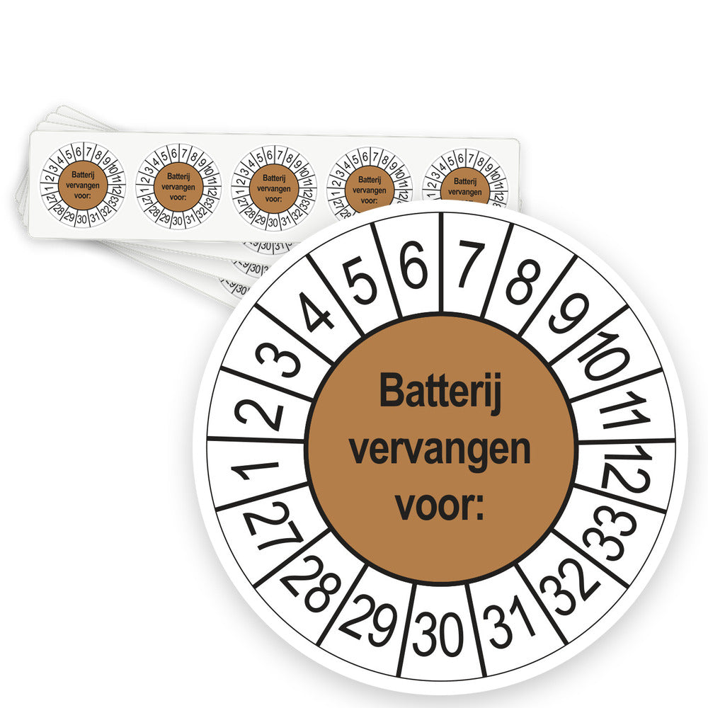 Keuringsstickers Batterij Vervangen 2027 | 50 stuks, Ø 35 mm | Bruin - strook van 5 stickers