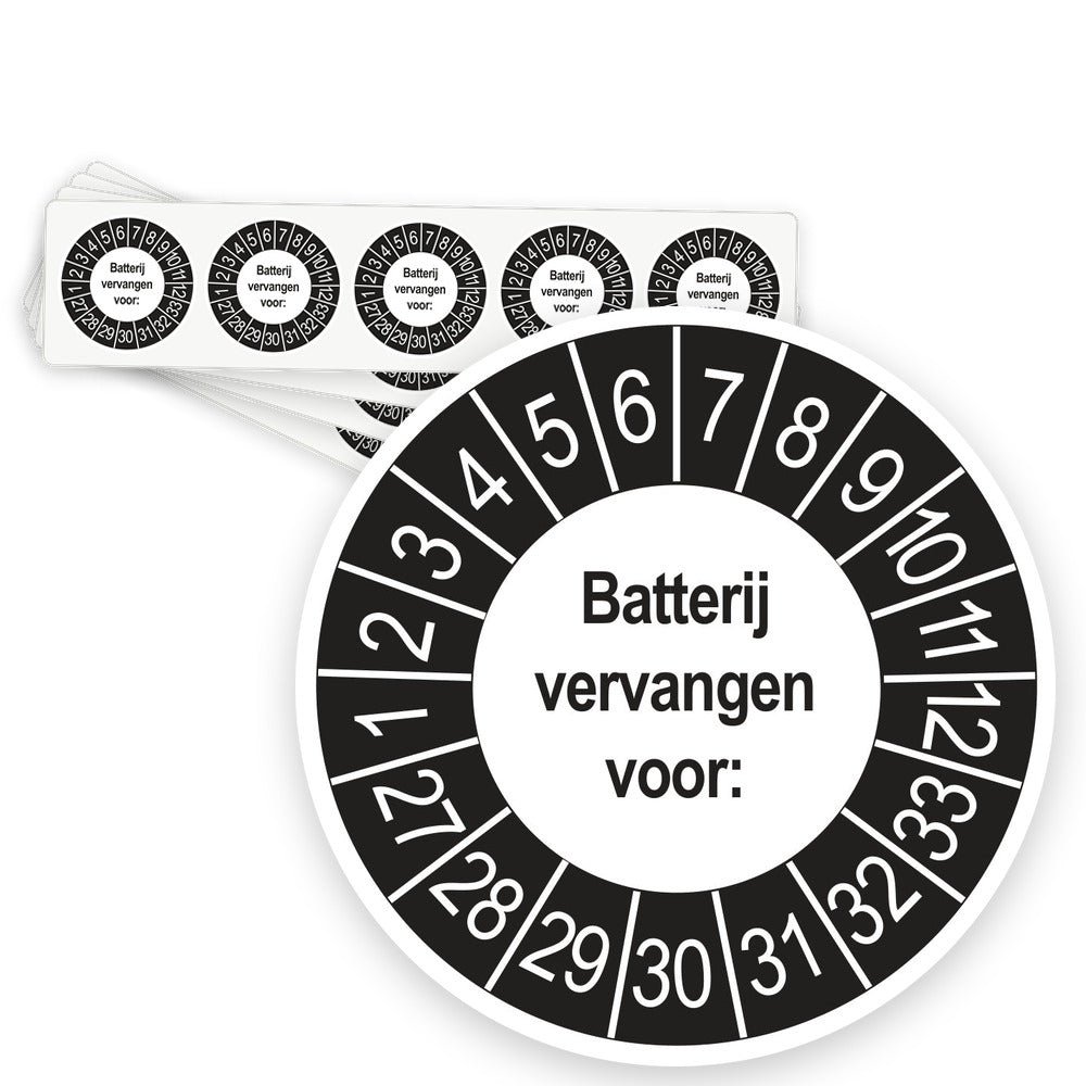Keuringsstickers Batterij Vervangen 2027 | 50 stuks, Ø 35 mm | Buiten Zwart - strook van 5 stickers