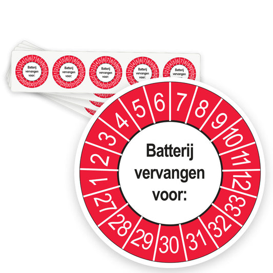 Keuringsstickers Batterij Vervangen 2027 | 50 stuks, Ø 35 mm | Buiten Rood - strook van 5 stickers