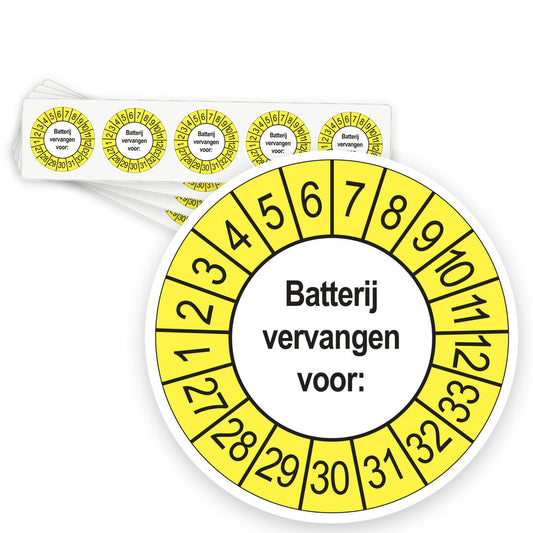 Keuringsstickers Batterij Vervangen 2027 | 50 stuks, Ø 35 mm | Buiten Geel - strook van 5 stickers