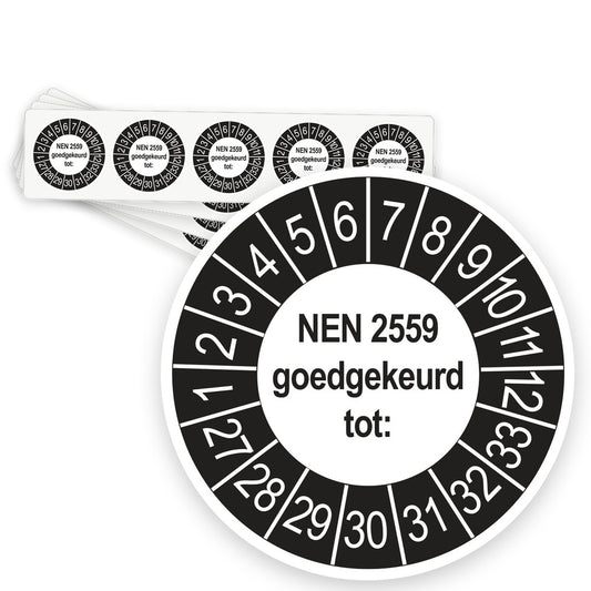 Keuringsstickers NEN 2559 Goedgekeurd tot 2027 | 50 stuks, Ø 35 mm | Buiten Zwart - strook van 5 stickers
