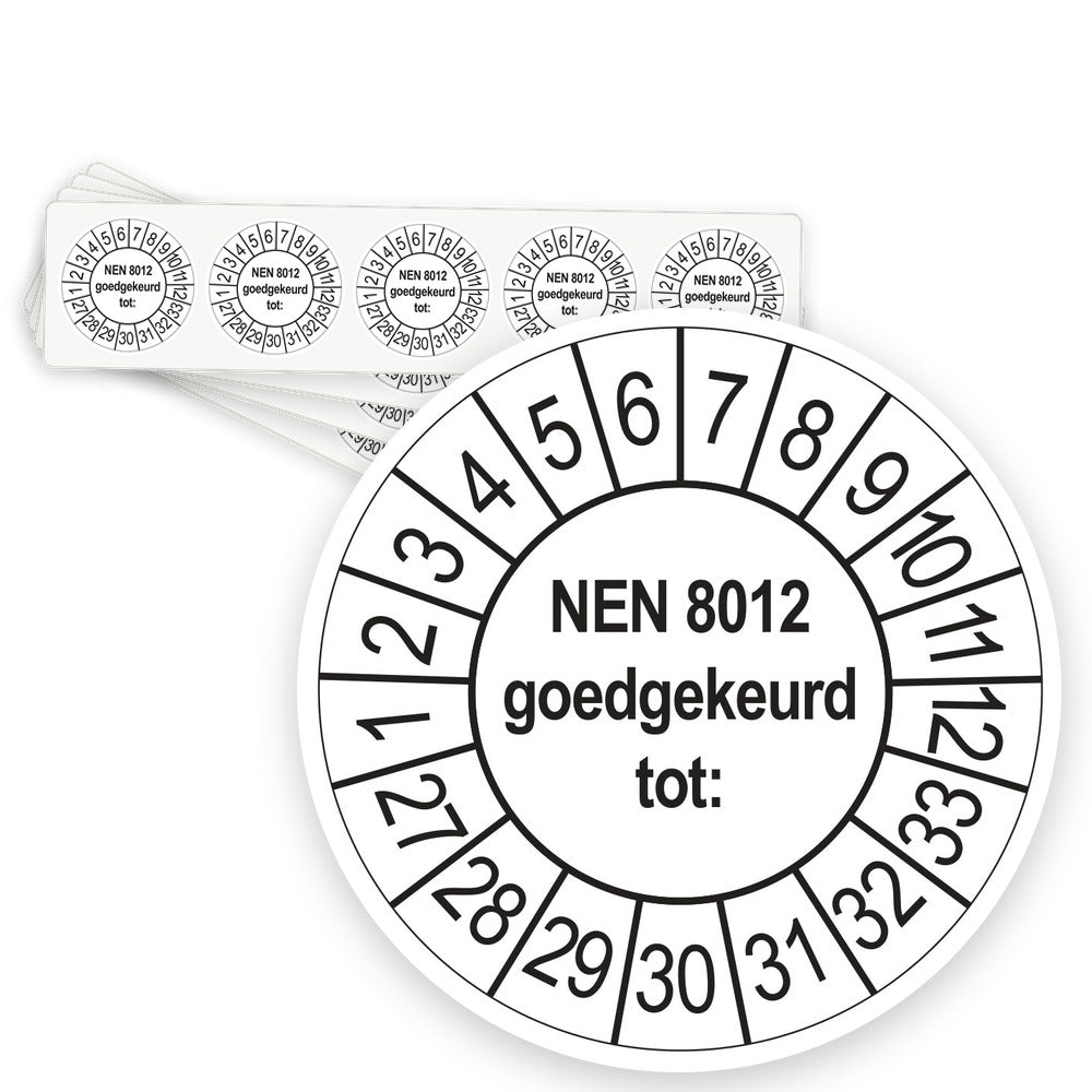 Keuringsstickers NEN 8012 Goedgekeurd tot 2027 | 50 stuks, Ø 35 mm | Wit - strook van 5 stickers
