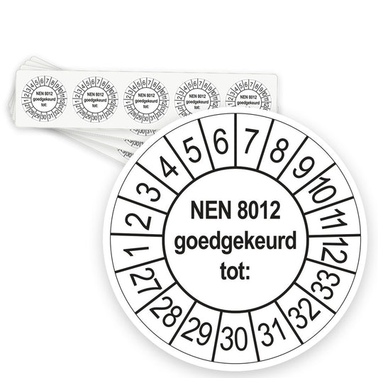 Keuringsstickers NEN 8012 Goedgekeurd tot 2027 | 50 stuks, Ø 35 mm | Wit - strook van 5 stickers