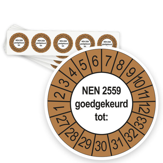 Keuringsstickers NEN 2559 Goedgekeurd tot 2027 | 50 stuks, Ø 35 mm | Buiten Bruin - strook van 5 stickers