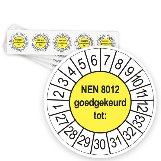Keuringsstickers NEN 8012 Goedgekeurd tot 2027 | 50 stuks, Ø 35 mm | Geel - strook van 5 stickers
