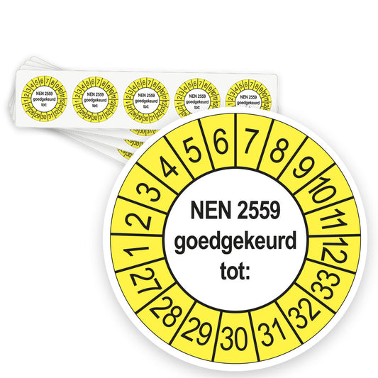 Keuringsstickers NEN 2559 Goedgekeurd tot 2027 | 50 stuks, Ø 35 mm | Buiten Geel - strook van 5 stickers
