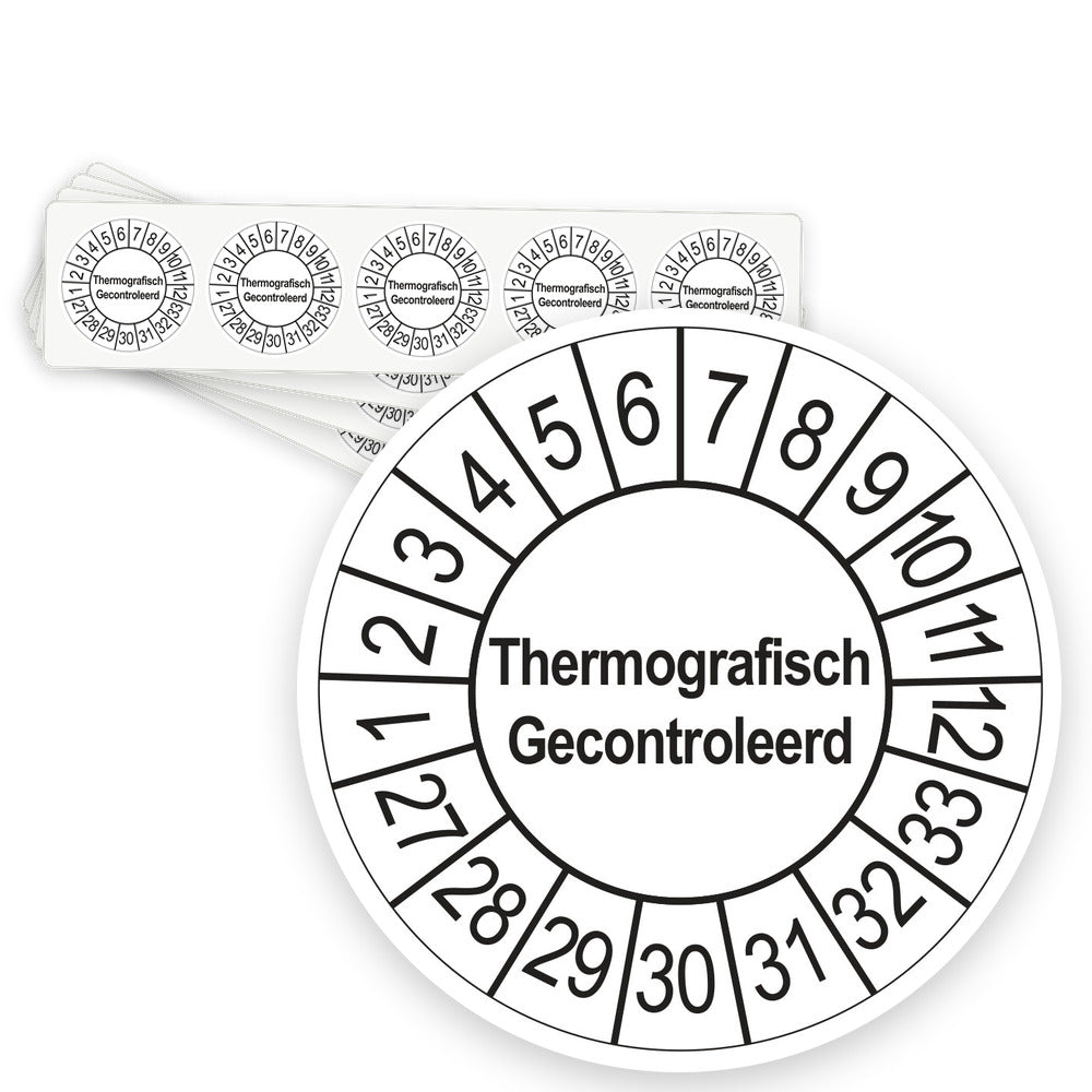 Keuringsstickers Thermografisch Gecontroleerd 2027 | 50 stuks, Ø 35 mm | Wit - strook van 5 stickers