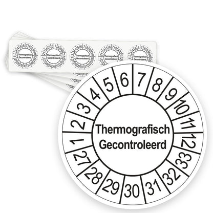 Keuringsstickers Thermografisch Gecontroleerd 2027 | 50 stuks, Ø 35 mm | Wit - strook van 5 stickers