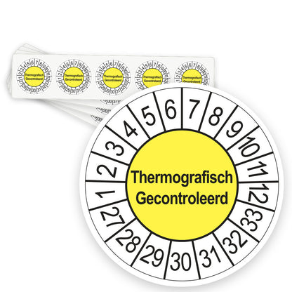 Keuringsstickers Thermografisch Gecontroleerd 2027 | 50 stuks, Ø 35 mm | Geel - strook van 5 stickers