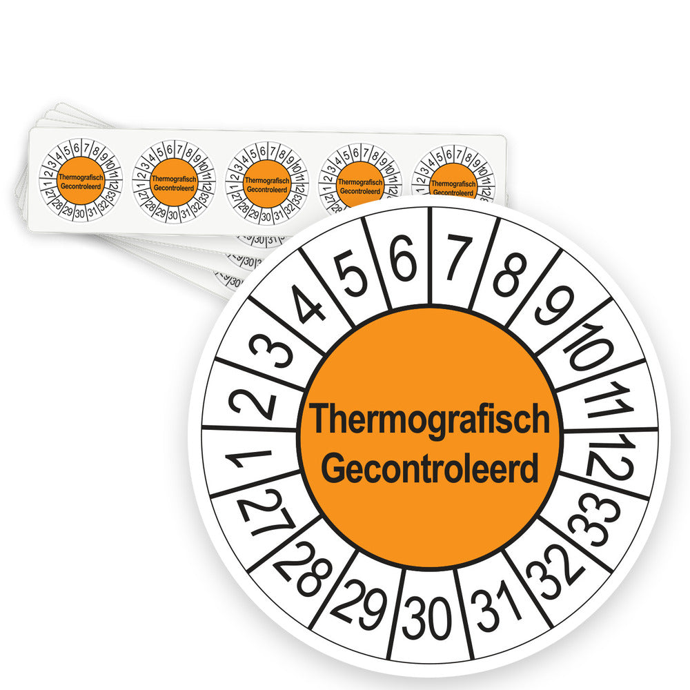 Keuringsstickers Thermografisch Gecontroleerd 2027 | 50 stuks, Ø 35 mm | Oranje - strook van 5 stickers