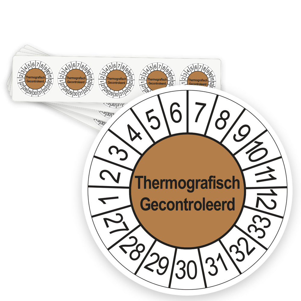 Keuringsstickers Thermografisch Gecontroleerd 2027 | 50 stuks, Ø 35 mm | Bruin - strook van 5 stickers