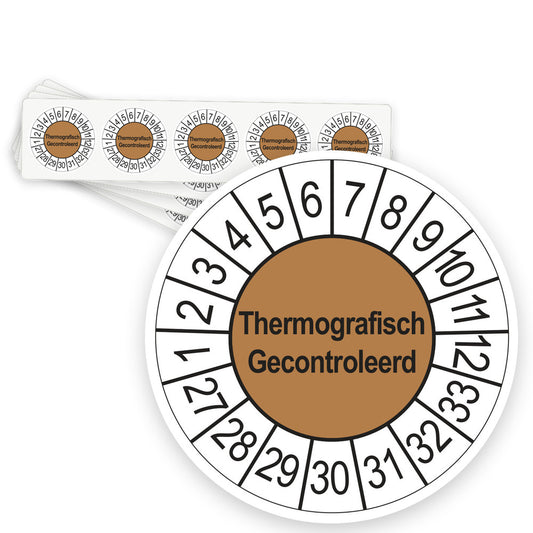 Keuringsstickers Thermografisch Gecontroleerd 2027 | 50 stuks, Ø 35 mm | Bruin - strook van 5 stickers
