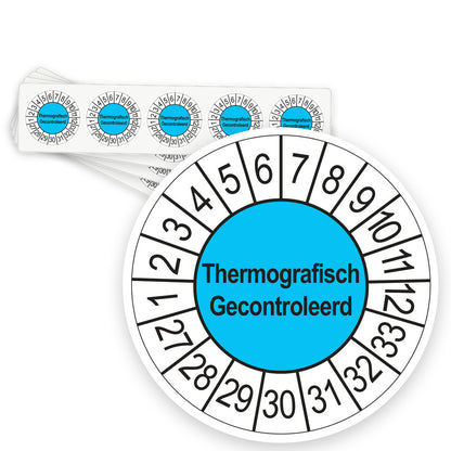 Keuringsstickers Thermografisch Gecontroleerd 2027 | 50 stuks, Ø 35 mm | Blauw - strook van 5 stickers
