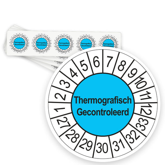Keuringsstickers Thermografisch Gecontroleerd 2027 | 50 stuks, Ø 35 mm | Blauw - strook van 5 stickers