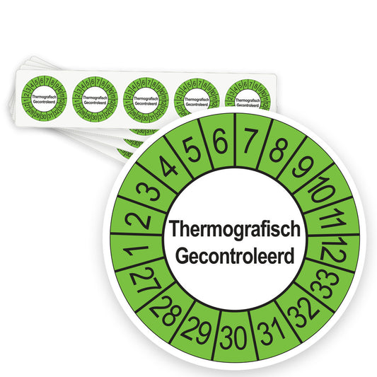 Keuringsstickers Thermografisch Gecontroleerd 2027 | 50 stuks, Ø 35 mm | Buiten Groen - strook van 5 stickers