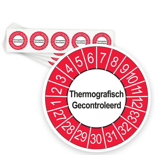 Keuringsstickers Thermografisch Gecontroleerd 2027 | 50 stuks, Ø 35 mm | Buiten Rood - strook van 5 stickers