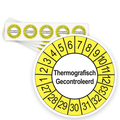 Keuringsstickers Thermografisch Gecontroleerd 2027 | 50 stuks, Ø 35 mm | Buiten Geel - strook van 5 stickers
