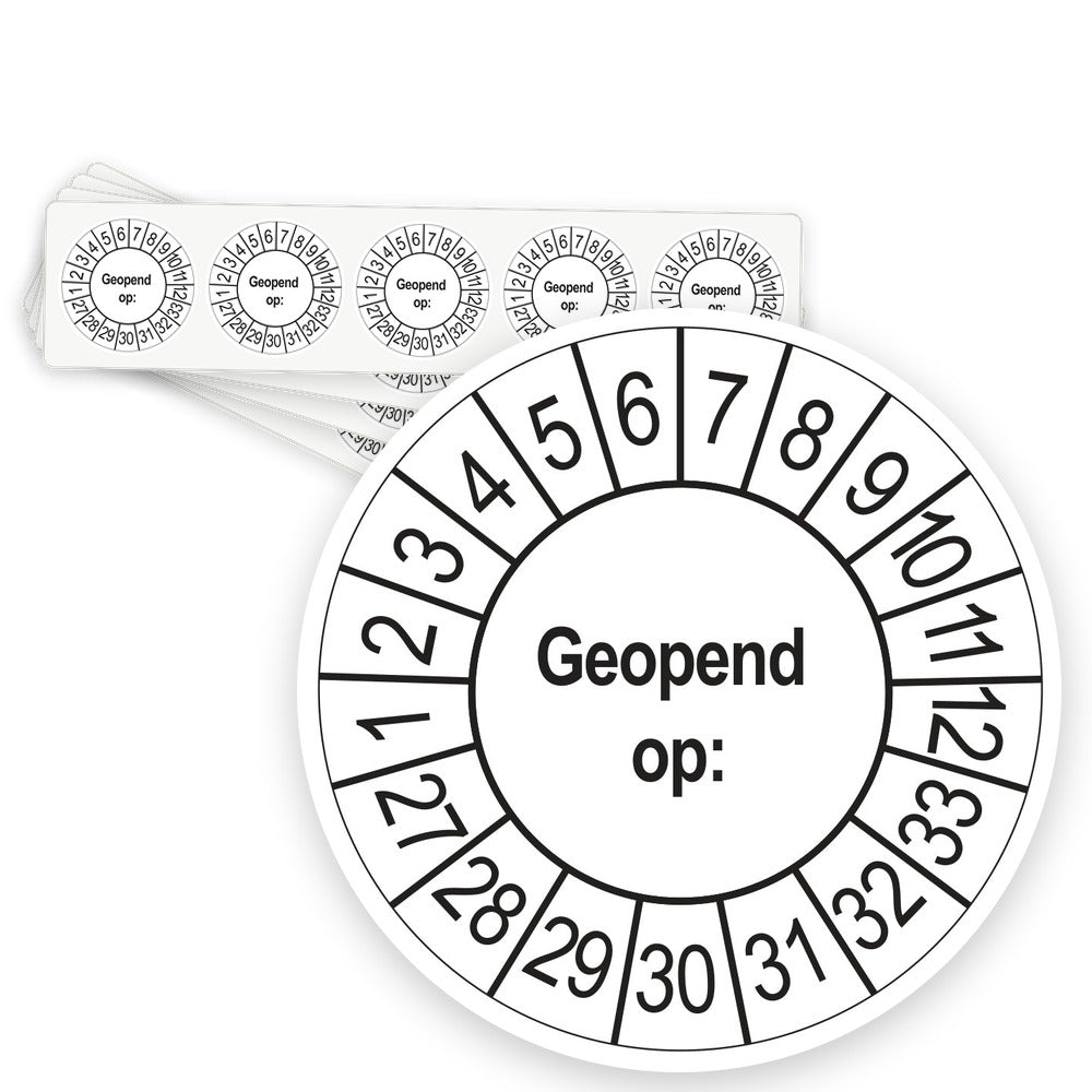 Keuringsstickers Geopend op 2027 | 50 stuks, Ø 35 mm | Wit - strook van 5 stickers