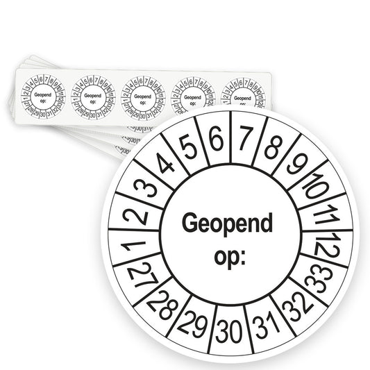 Keuringsstickers Geopend op 2027 | 50 stuks, Ø 35 mm | Wit - strook van 5 stickers