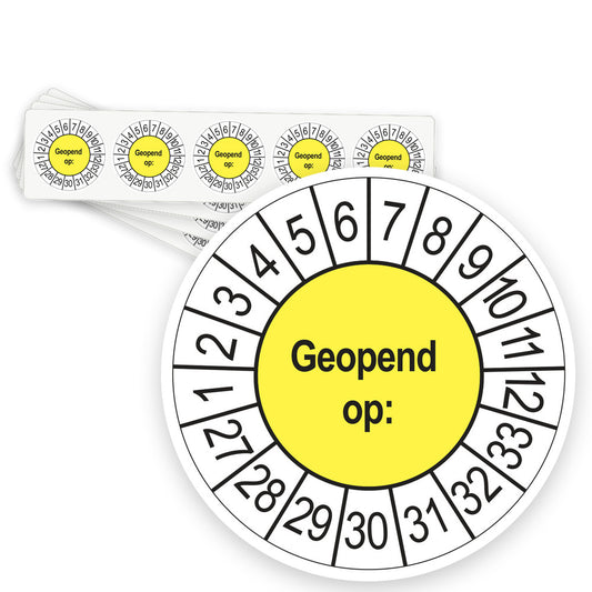 Keuringsstickers Geopend op 2027 | 50 stuks, Ø 35 mm | Geel - strook van 5 stickers