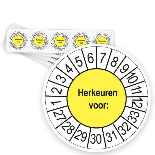 Keuringsstickers Herkeuren voor 2027 | 50 stuks, Ø 35 mm | Geel - strook van 5 stickers