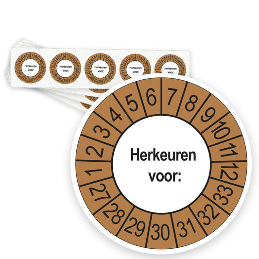 Keuringsstickers Herkeuren voor 2027 | 50 stuks, Ø 35 mm | Buiten Bruin - strook van 5 stickers