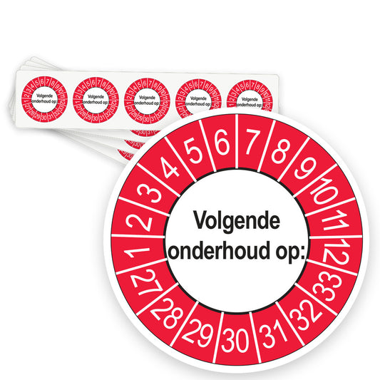 Keuringsstickers Volgende Onderhoud 2027 | 50 stuks, Ø 35 mm | Buiten Rood - strook van 5 stickers
