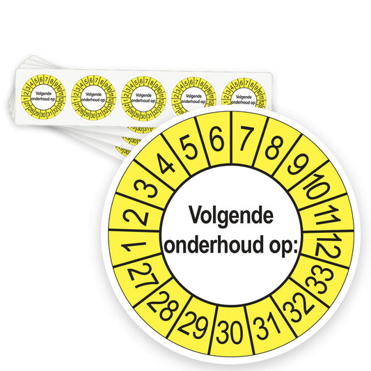 Keuringsstickers Volgende Onderhoud 2027 | 50 stuks, Ø 35 mm | Buiten Geel - strook van 5 stickers