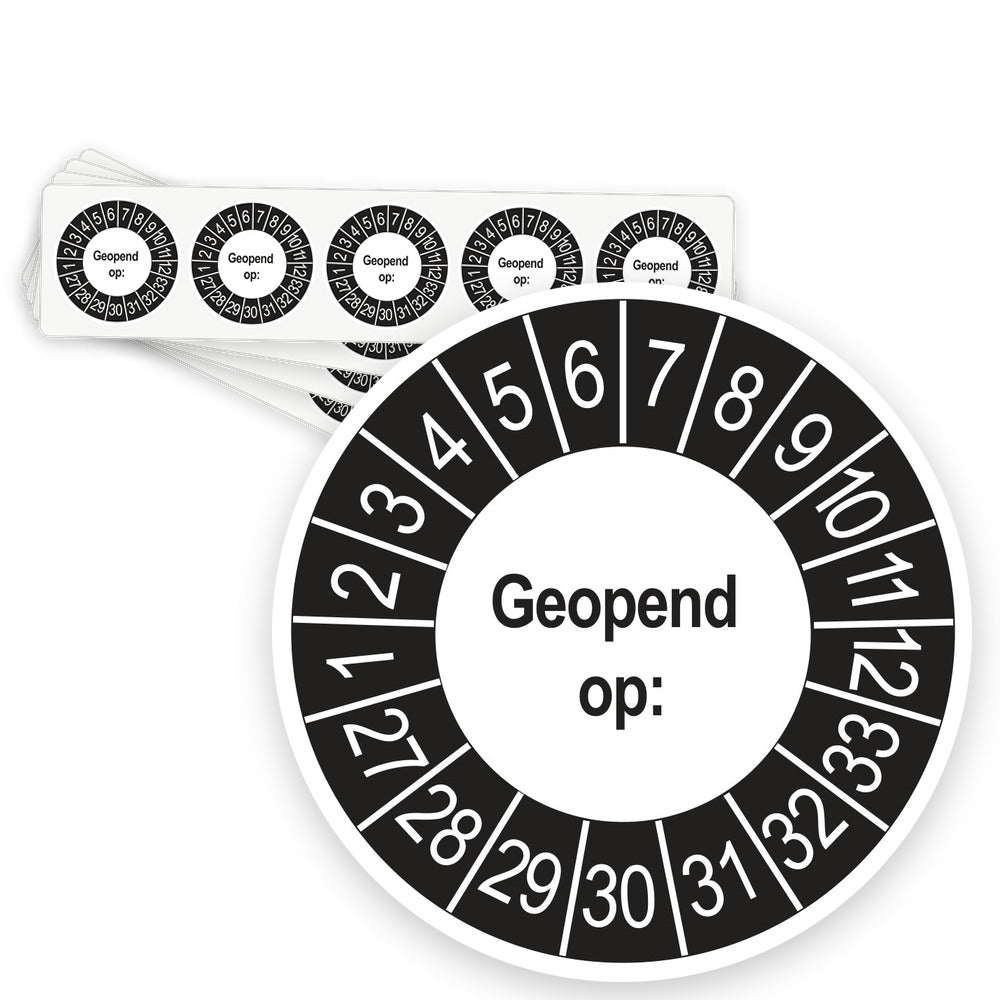 Keuringsstickers Geopend op 2027 | 50 stuks, Ø 35 mm | Buiten Zwart - strook van 5 stickers