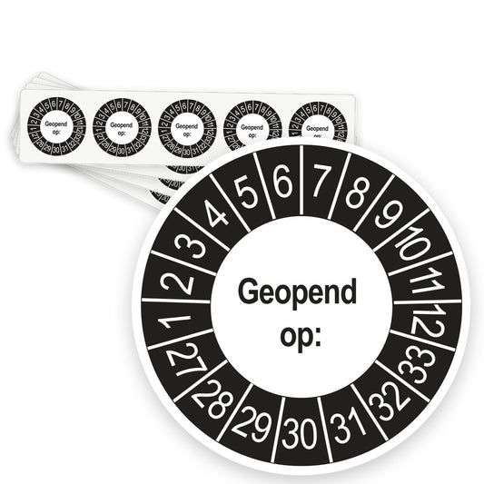 Keuringsstickers Geopend op 2027 | 50 stuks, Ø 35 mm | Buiten Zwart - strook van 5 stickers