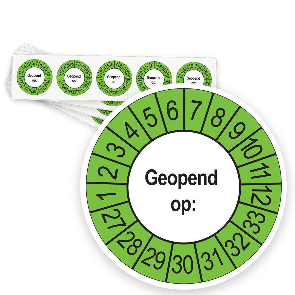 Keuringsstickers Geopend op 2027 | 50 stuks, Ø 35 mm | Buiten Groen - strook van 5 stickers