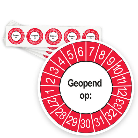 Keuringsstickers Geopend op 2027 | 50 stuks, Ø 35 mm | Buiten Rood - strook van 5 stickers