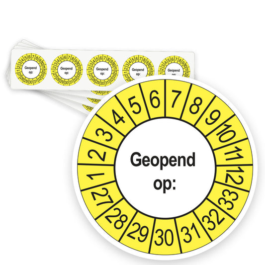Keuringsstickers Geopend op 2027 | 50 stuks, Ø 35 mm | Buiten Geel - strook van 5 stickers