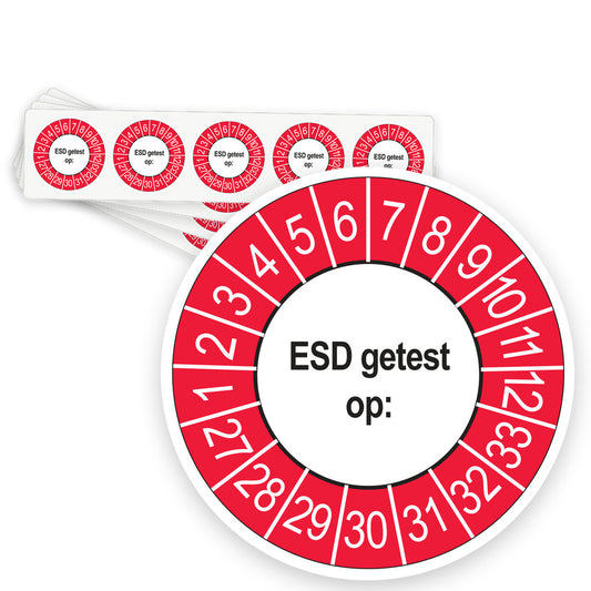 Keuringsstickers ESD Getest op 2027 | 50 stuks, Ø 35 mm | Buiten Rood - strook van 5 stickers