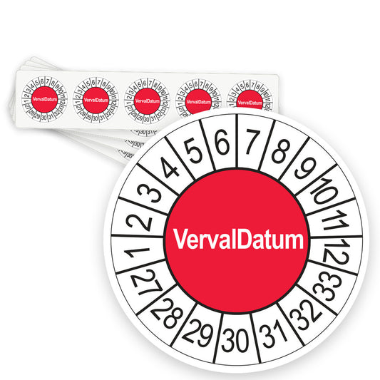 Keuringsstickers Vervaldatum 2027 | 50 stuks, Ø 35 mm | Rood - strook van 5 stickers